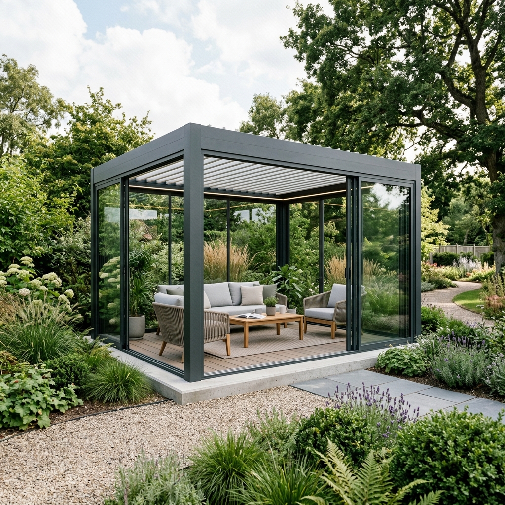 Modern aluminium pergola with glass sides in landscaped garden Gloucestershire