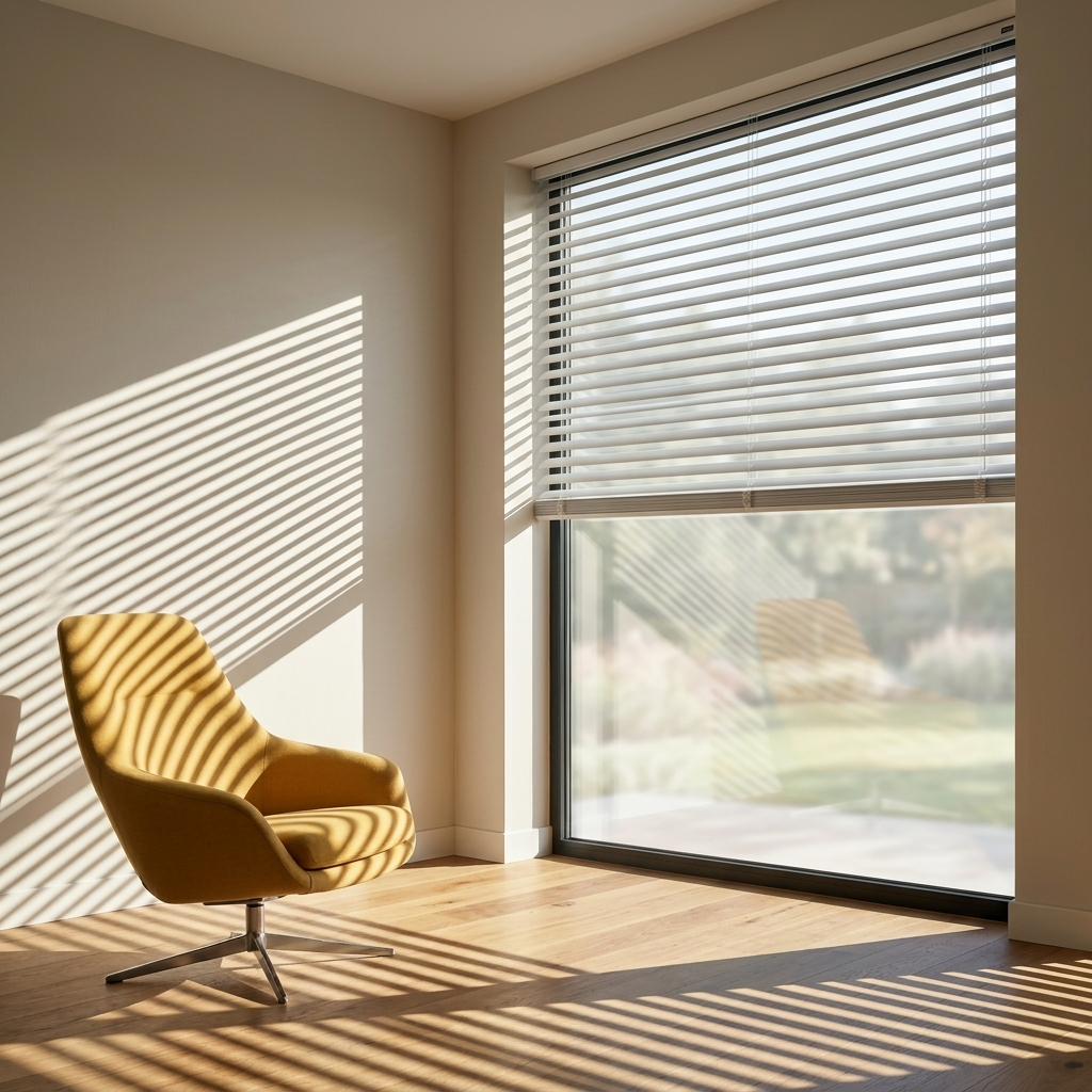 Made-to-measure blinds controlling low afternoon sunlight in a Gloucestershire home.